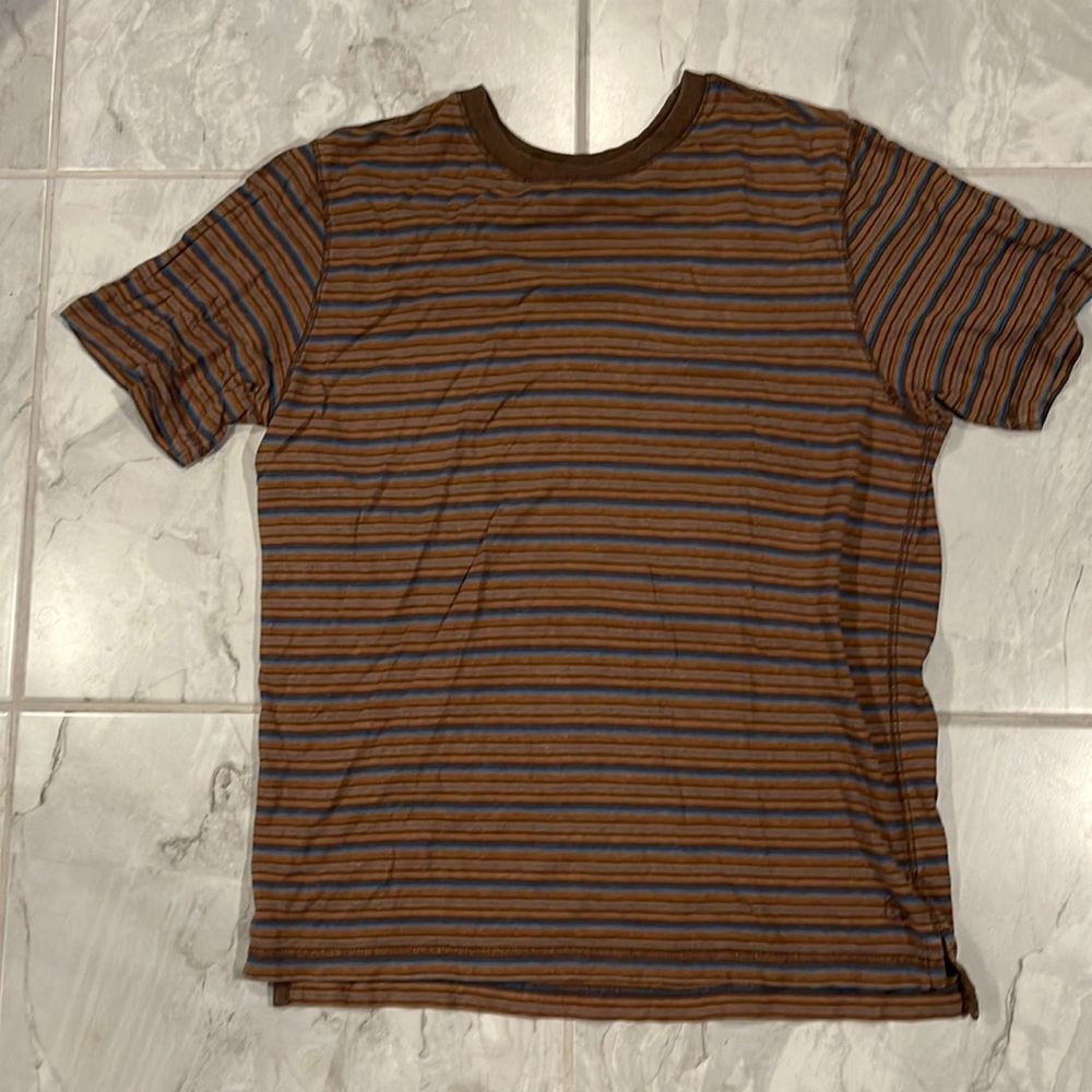 Gramicci Stoney Pacific hemp crew t shirt M chestnut brown blue stripes
